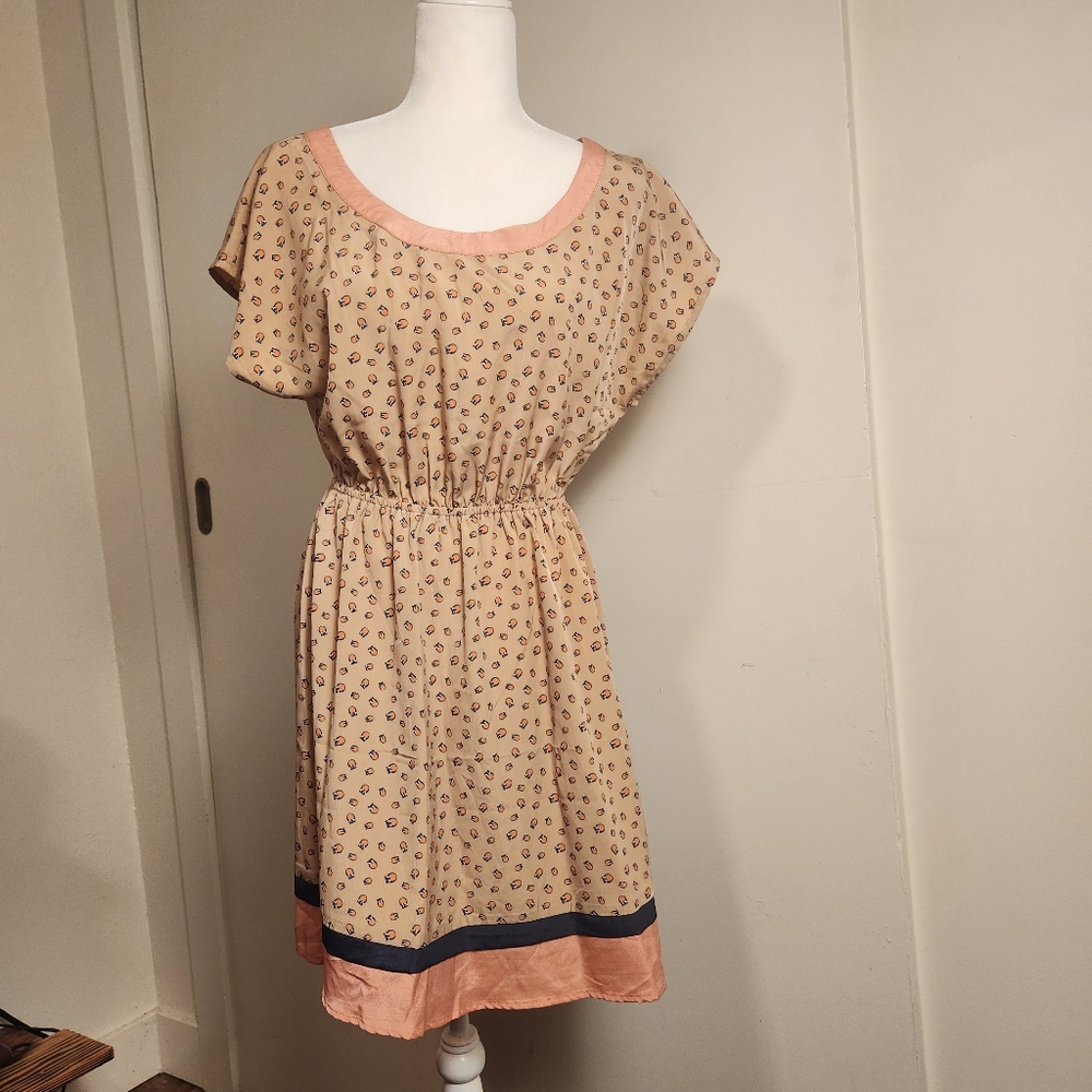 Vintage Peach Light Pink Fit And Flare Short Sleeve Owl Print Dress Large L EUV